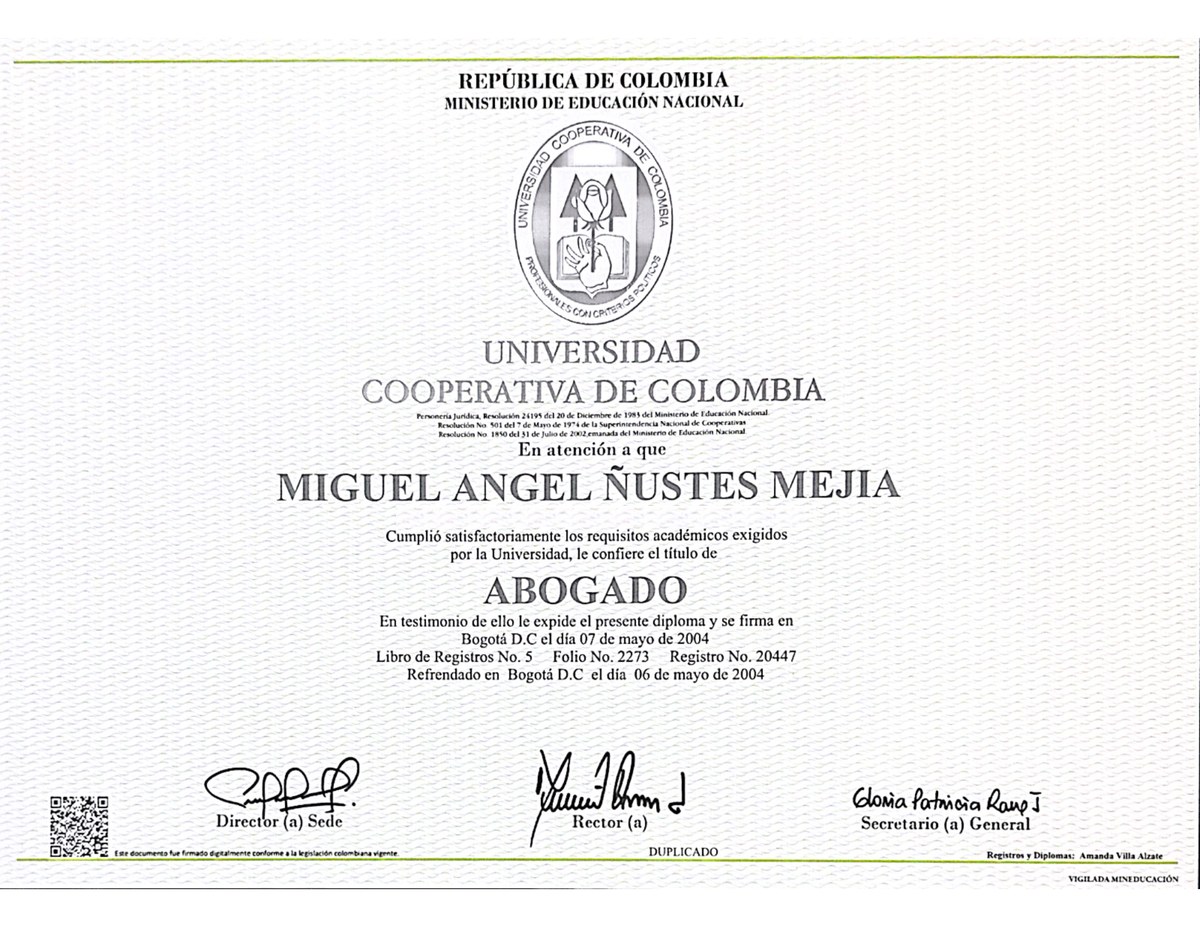 Diploma de Abogado — Universidad Cooperativa de Colombia